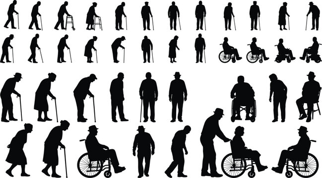Large collection of elderly people silhouettes featuring senior men and women with walking canes walkers and wheelchairs for healthcare accessibility and geriatric care design projects.