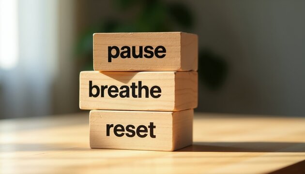 Wooden blocks stacked with words pause, breathe, reset suggest taking a moment for self-care and stress relief. Simple reminder for wellness and mental clarity in daily life.