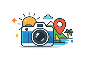 Naklejka premium Digital camera captures scenic travel destination with sun, mountains, and ocean