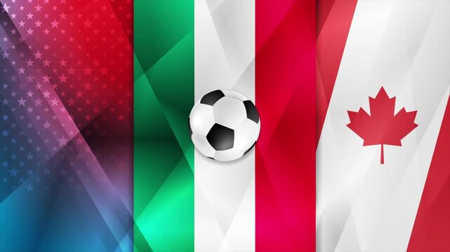 Soccer ball on flags background of USA, Mexico and Canada for World Championship 2026. Sport motion design. Seamless loop. Video animation Ultra HD 4K 3840x2160