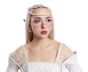 Naklejka premium Beautiful girl dressed as elf on white background