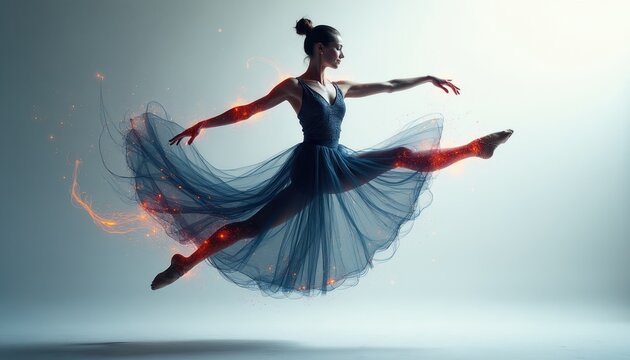Ballerina leaps gracefully mid-air. Her dark blue tutu floats around her legs. Sparks of light emanate from her body and trail behind her during the dance.