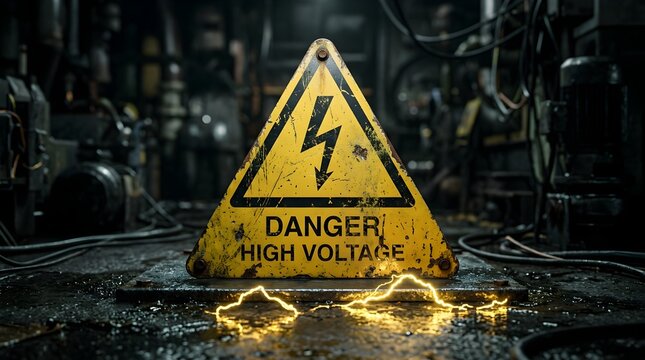 Danger High Voltage Warning Sign on Industrial Floor with Electricity Sparks, Safety Hazard Awareness in Manufacturing Environment, Close-Up View