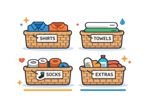Organized laundry baskets with shirts, towels, socks, and extras neatly sorted