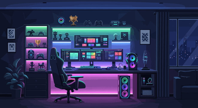 Futuristic Gaming Setup with Multiple Monitors, RGB Lighting, and Comfortable Chair in a Modern Room