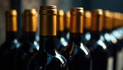 Naklejka premium Dark wine bottles lined up in a row with gold foil caps. Shallow depth of field creates a soft bokeh background. Elegant presentation suitable for a wine catalog or bar display.