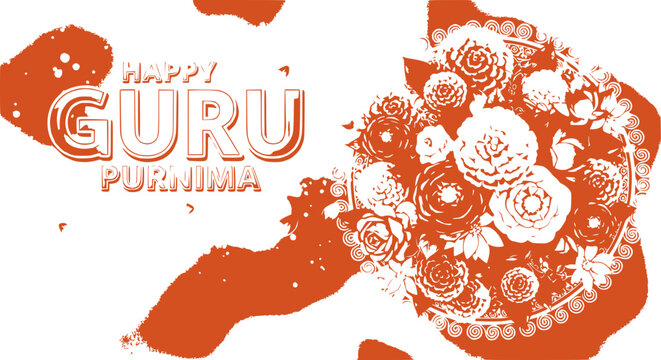 Happy Guru Purnima Celebration with Floral Wreath and Orange Splatter