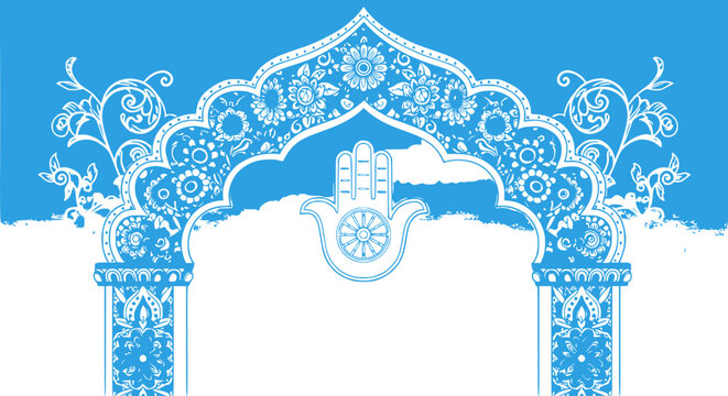 Ornate Archway with Hamsa Hand Symbol, Intricate Floral Patterns, Blue and White Design