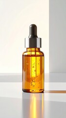 Fototapeta premium Amber glass dropper bottle with golden serum and air bubbles