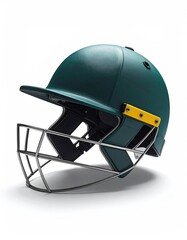 Fototapeta premium A dark green batting helmet with a silver cage and yellow accents