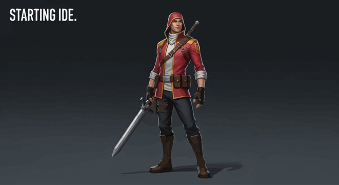 Adventurer in red tunic and sword, ready for quest with leather pouches and boots, standing on dark background, digital art