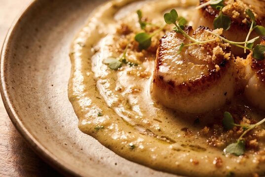 Seared Scallops on Creamy Sauce with Microgreens and Crispy Breadcrumbs Macro Close Up Gourmet Restaurant Fine Dining Seafood Dish