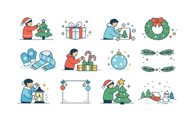 Obraz premium Collection of minimalist Christmas icons and scenes for festive design