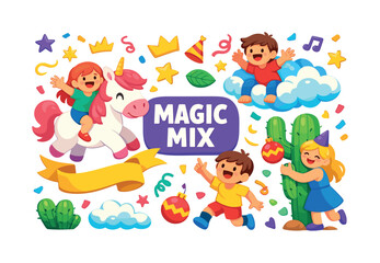 Naklejka premium Whimsical children celebrating with a unicorn and festive elements