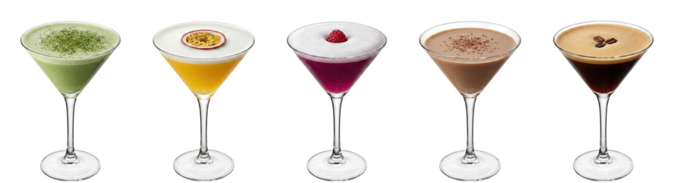 popular specialty cocktails including matcha pornstar french chocolate and espresso martinis in martini glasses on transparent background