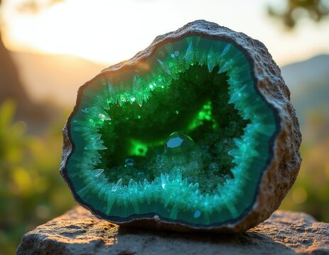 Green geode crystal interior glows brightly. Rough rock exterior holds sparkling sharp crystal facets. Natural stone cavity shines with vibrant light. Gem formation displays beauty.