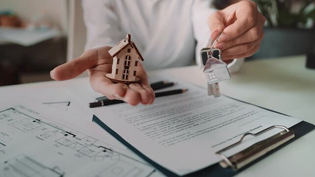 Professional realtor presents keys after paperwork completion. Mortgage contract on desk with house model shows approved financing, apartment purchase and reliable property transaction process.