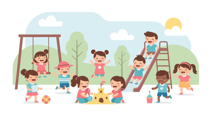 Obraz premium Children enjoying outdoor activities in a playground with swings, slides, and sandcastle building fun