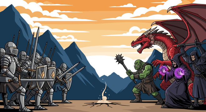 Epic fantasy battle between a medieval army and a dragon with mages and orcs under a dramatic sky