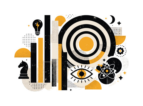 Abstract retro composition with chess piece, lightbulb, eye, and target