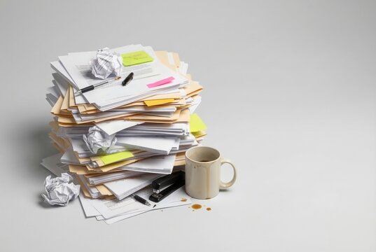 Overwhelming stack of messy paperwork on a desk with a coffee mug representing workplace burnout and stress