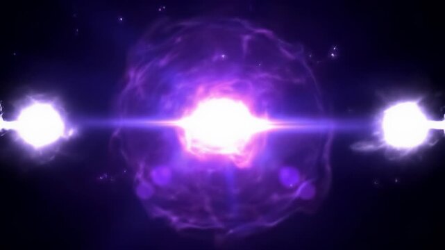 Luminous neon purple and white energy spheres arc and collide in an infinite black void, forming a pulsating light orb with a blinding flash, futuristic energy concept