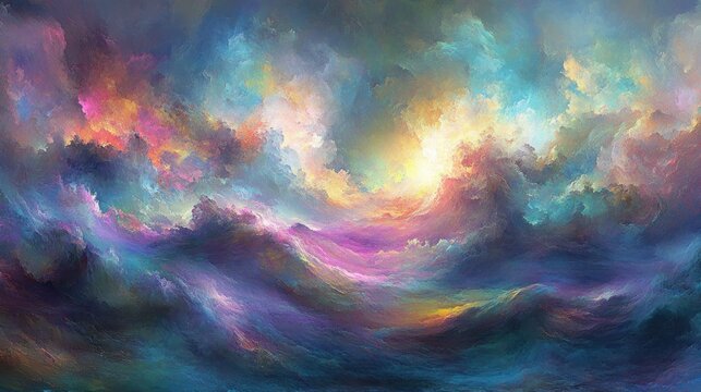Abstract painting of swirling, vibrant, colorful clouds with a bright, focal point