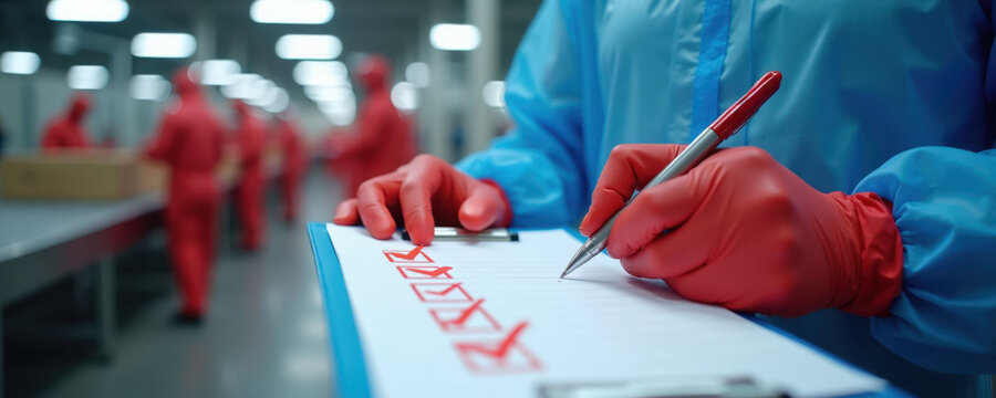 Food factory worker in protective blue suit and red gloves checks items on clipboard. Other workers in red suits move boxes on conveyor belt in background.