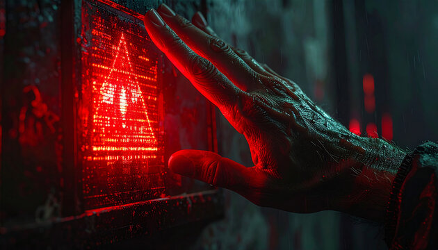 Mysterious Red Symbol: A close-up shot captures a hand reaching out to a glowing red triangular symbol, hinting at a cryptic or technological interface.