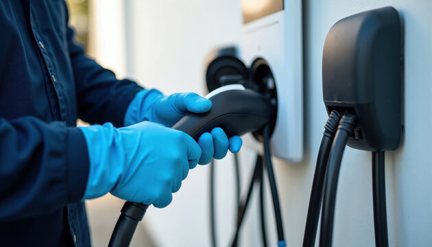 Person in blue gloves holds electric car charger plug connecting to charging station. Clean energy vehicle power supply connection for future transport.