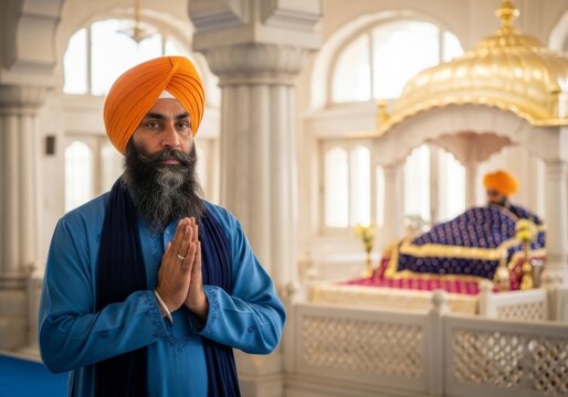 Sikh granthi leading prayers in a gurdwara, reflecting devotion, service, and spiritual guidance.

