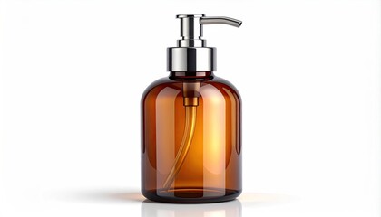 Fototapeta premium Amber glass pump bottle with silver dispenser on white background