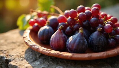 Naklejka premium Ripe figs and red grapes arranged on a rustic clay plate outdoors. The natural autumn harvest offers a healthy, delicious snack. Food styling captures fresh produce at its peak.