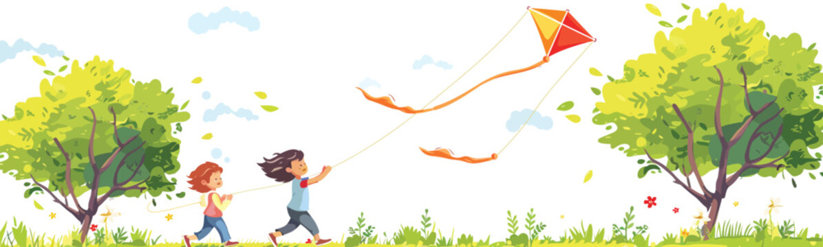 Children Flying Kites in Spring Meadow isolated