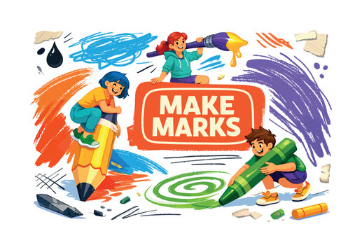 Children creatively making art with giant drawing tools and colorful scribbles