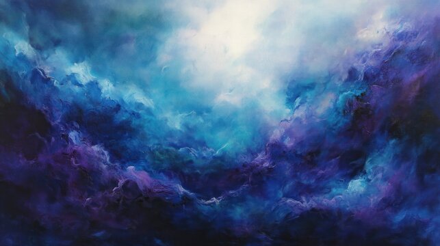 Ethereal skyscape of swirling blues, purples, and white, suggesting a nebula