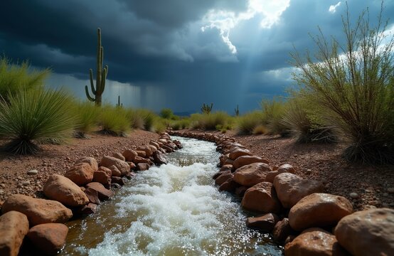 Desert monsoon rain falls on dry landscape. Water flows fast in channel lined with rocks. Saguaros stand tall under stormy sky. Dry earth becomes alive with rain.