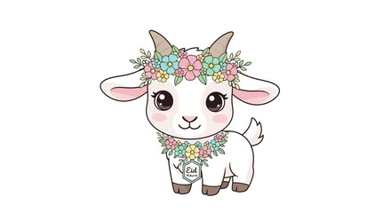 Naklejka premium Cute Baby Goat with Flower Crown and Garland