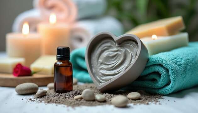 Spa setup with mud pack heart shape, essential oil, soap bars, candles, pebbles, and rolled towels. Natural ingredients for skin care and relaxation promote wellness and beauty.