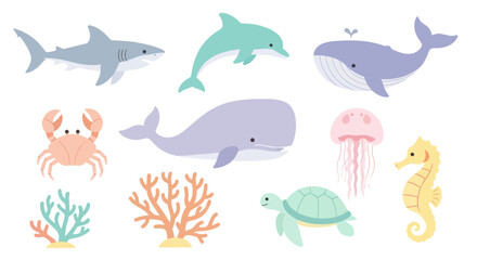 Fototapeta premium Cute Cartoon Sea Creatures Collection: Shark, Dolphin, Whale, Crab, Jellyfish, Turtle, Seahorse