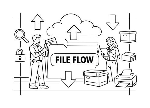 Digital file flow management with cloud storage and office equipment illustration