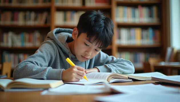 Young boy concentrates on book. He uses yellow marker to highlight text. Student sits at desk in library full of books. Kid studies for school.