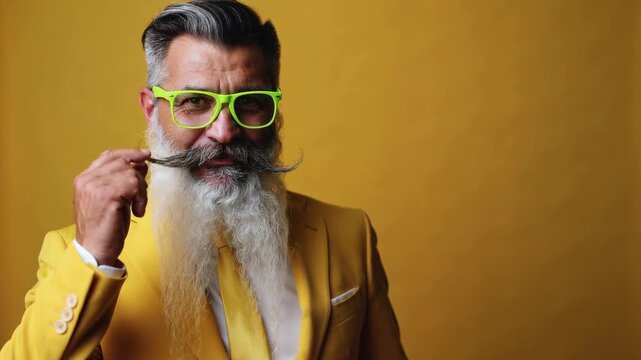 Mature man in yellow suit and neon green glasses touching mustache against yellow background medium shot
