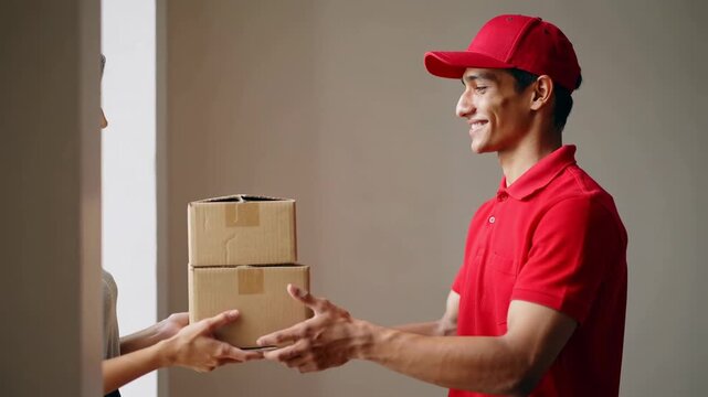Delivery man in red uniform handing cardboard boxes to a woman at a doorway, medium shot