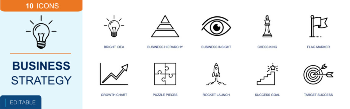 Business strategy icon set. Containing bright idea, hierarchy pyramid, business insight, chess king, flag mark, growth chart, puzzle piece, rocket launch and more. Solid fill vector icons.