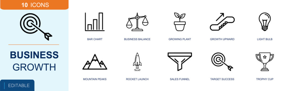 Business growth icon set. Containing bar chart, balance scale, growing plant, upward arrow, light bulb, startup rocket, sales funnel, target, trophy and more. Solid fill vector icons.