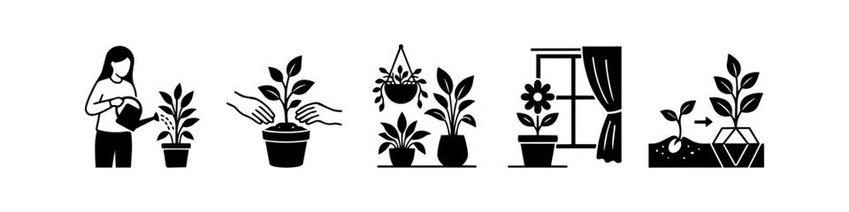 Set of minimalist plant care icons in black and white, depicting watering, potting, indoor greenery, and growth cycles. Ideal for botanical, gardening, and home care designs. © Nort Kor