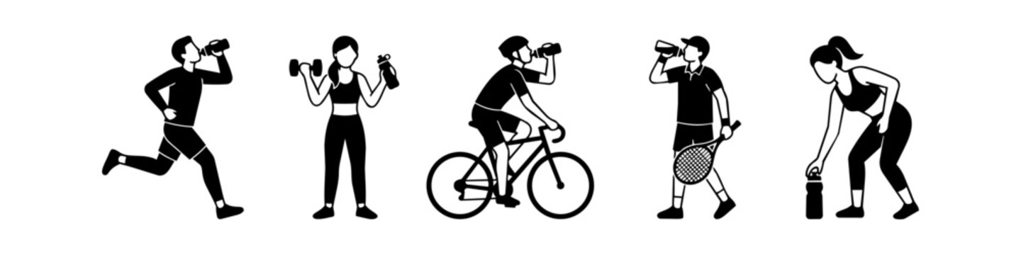 Vector set of black silhouettes showing athletes staying hydrated during various sports like running, cycling, tennis, and weightlifting. Ideal for health, fitness, and wellness themes.