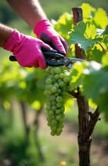 Naklejka premium Farmer wearing pink gloves cuts green grapes with shears. Gardener tends to vine, cares for fruit on farm. Pruning grape plants, preparing for harvest season at vineyard.