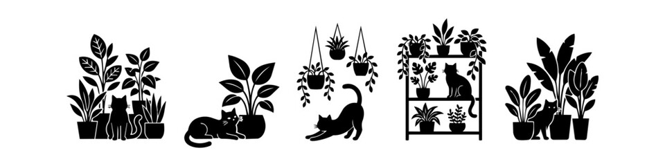 Collection of black cat silhouette illustrations featuring playful feline companions among various indoor houseplants and potted greenery. Minimalist botanical and pet lover design elements. © Nort Kor